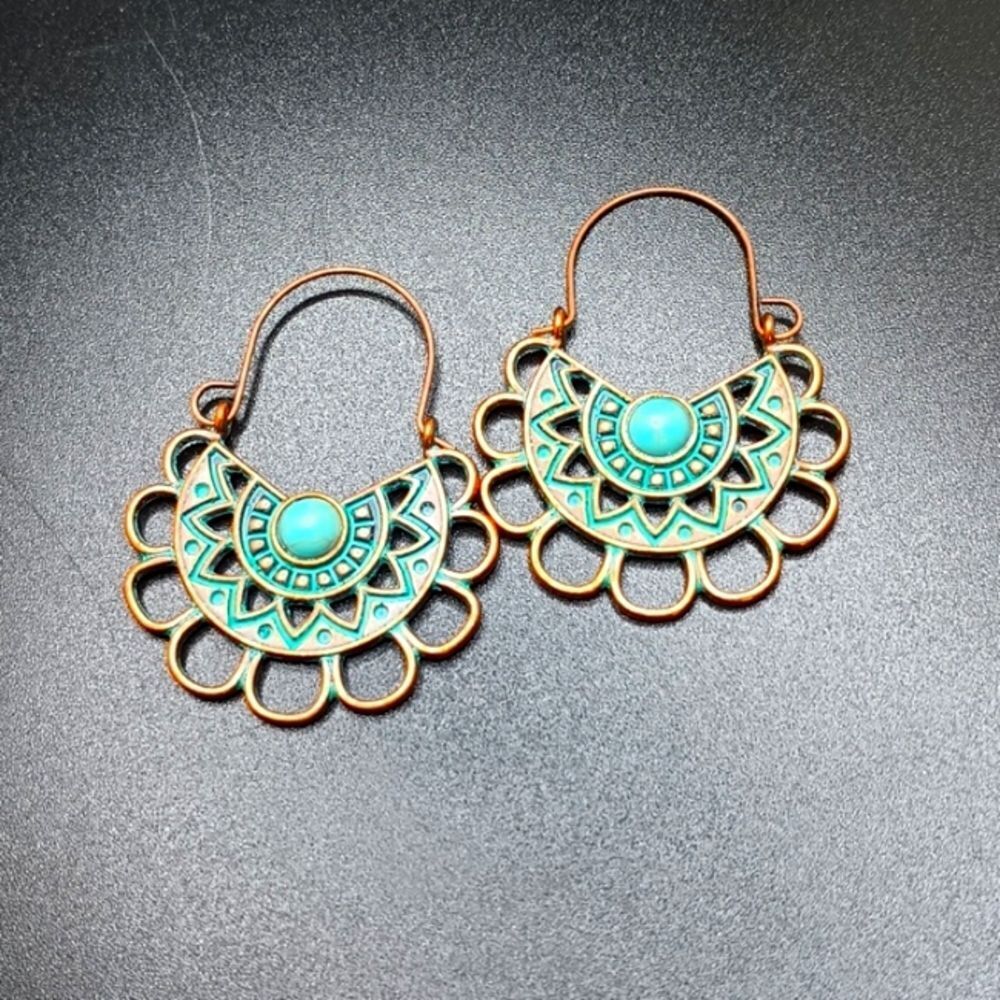 Copper turquoise tribal earrings boho ethnic design
